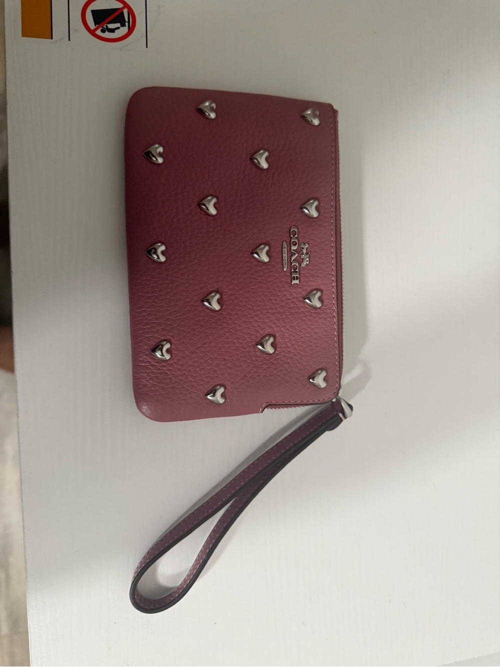 Coach Rose Pink Heart-Stud Zip Wristlet